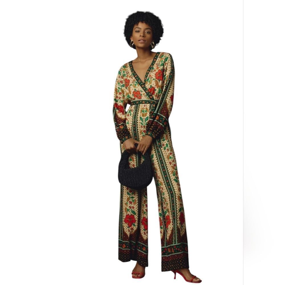 NWT Farm Rio x Anthropologie Floral Wrap Jumpsuit Black Motif Size S - Picture 1 of 13